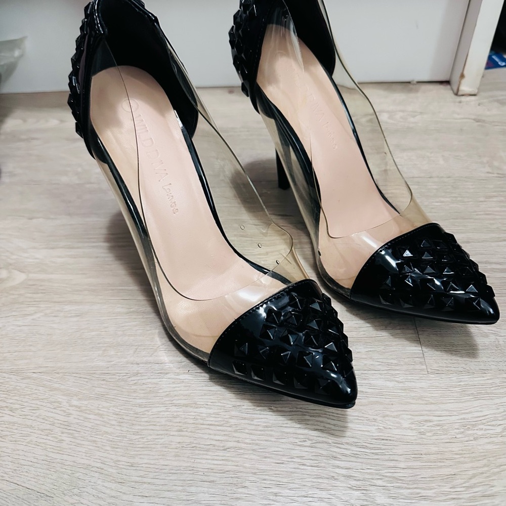 Fashion Nova Black and Clear Studded Heels